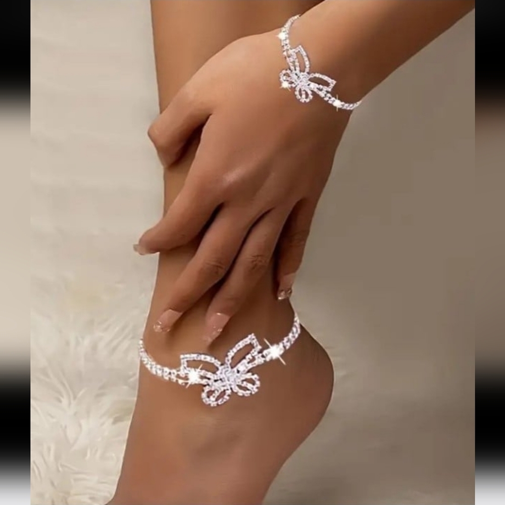 Elegant Silver Butterfly Rhinestone Anklet and Bracelet Set